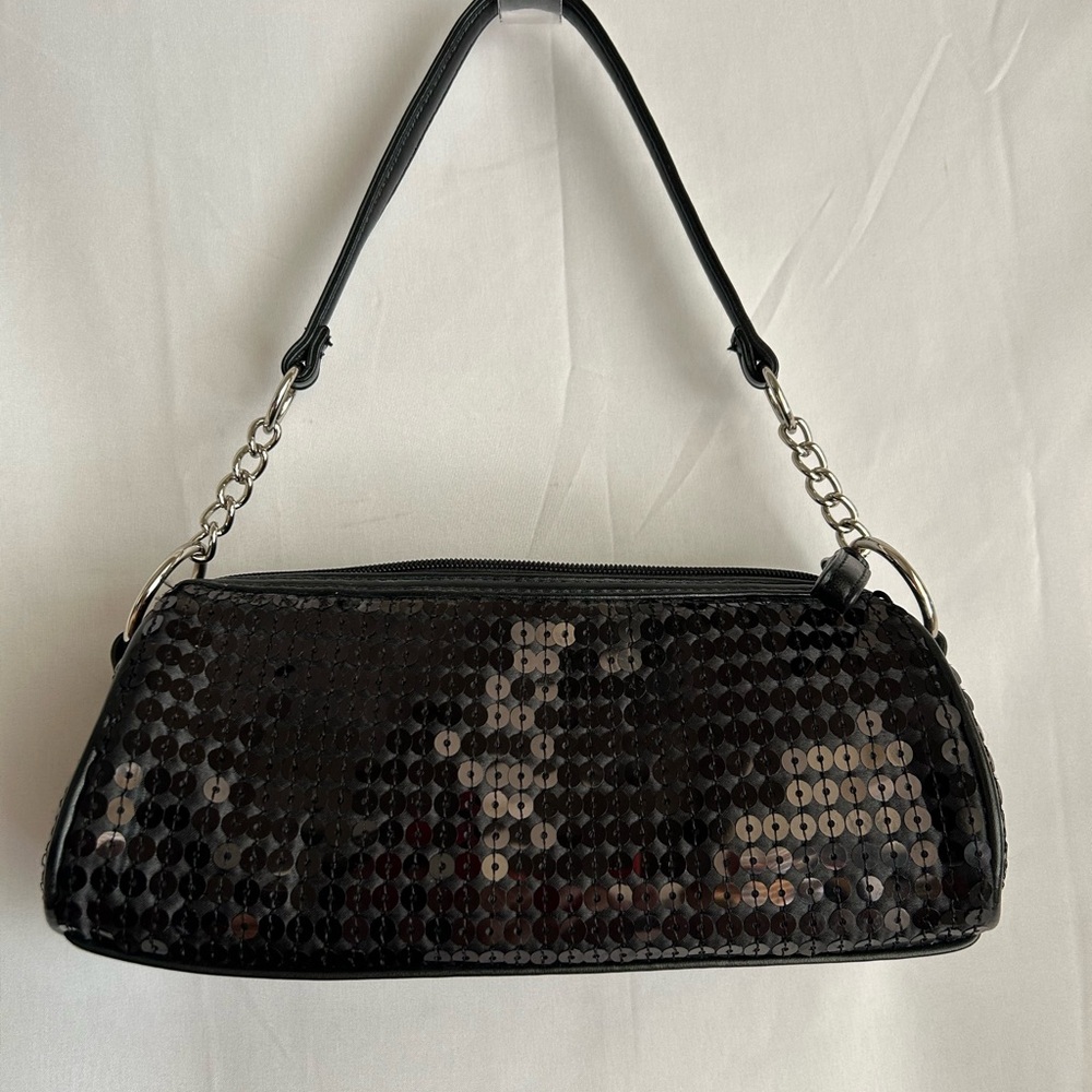 Glamorous Black Sequin Shoulder Bag with Silver Chain